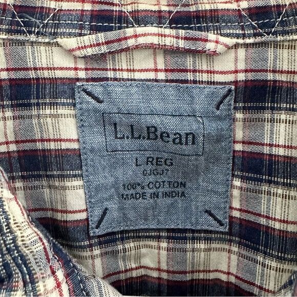 LL Bean Mens Cotton Plaid Button Up Shirt L Blue Red White Long Sleeve Fisherman - Picture 4 of 9